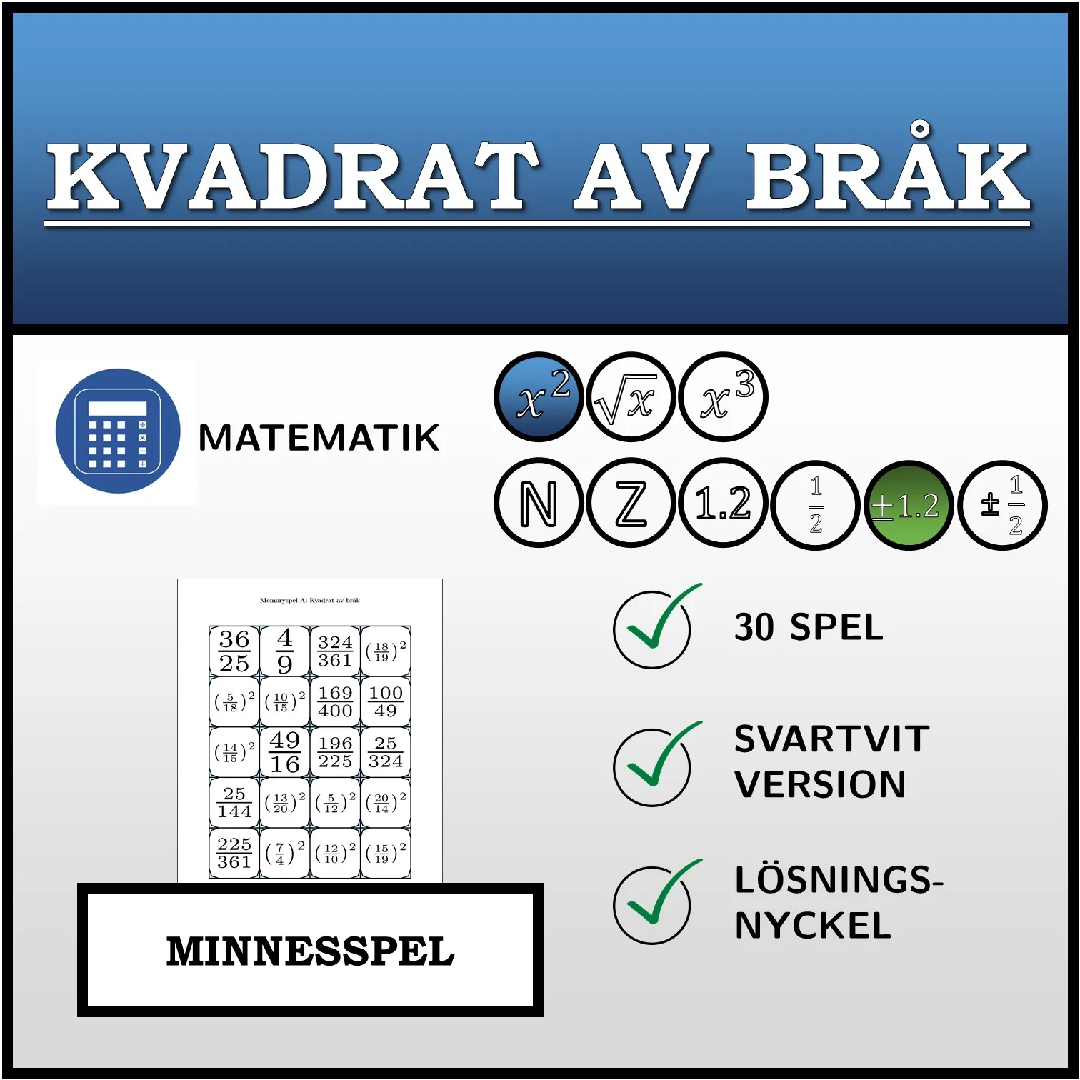 Memoryspel: Kvadrat av bråk