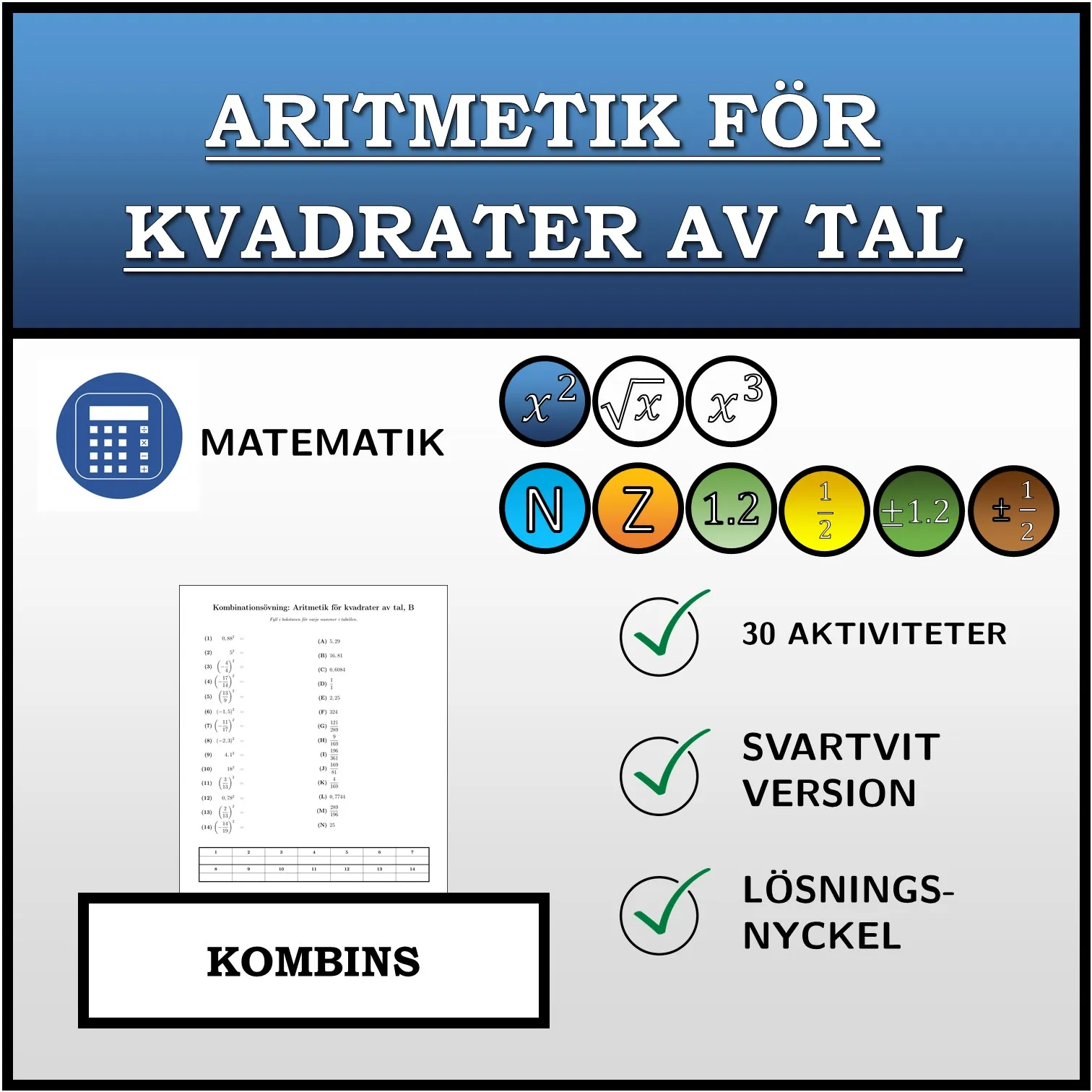 Kombinationsövning: Aritmetik för kvadrater av tal