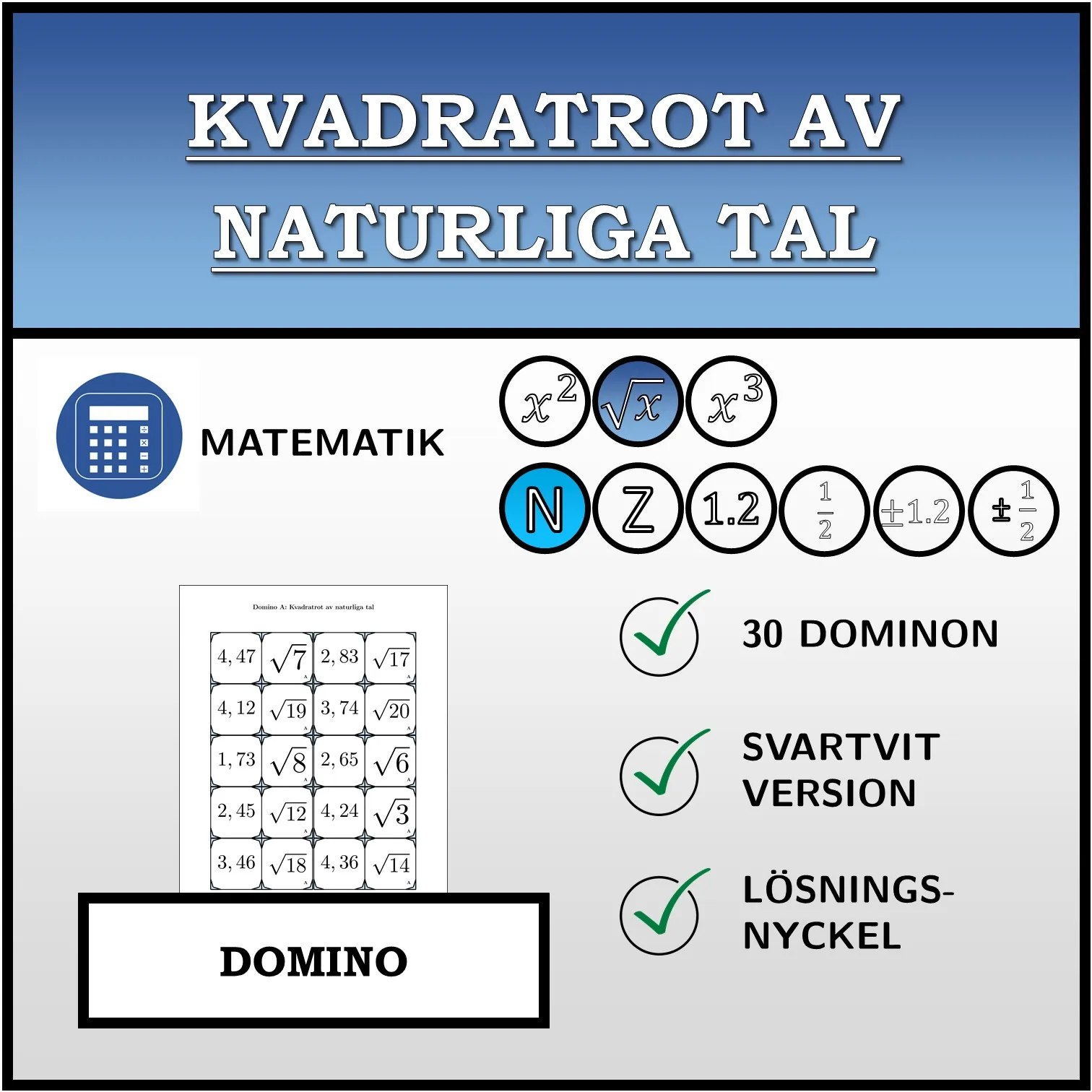 Domino: Kvadratrot av naturliga tal