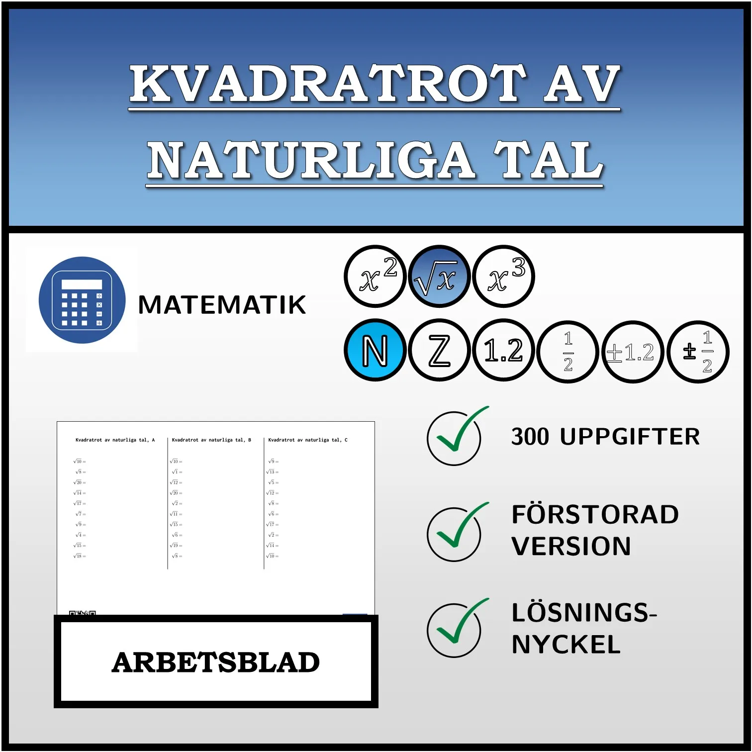 Arbetsblad: Kvadratrot av naturliga tal