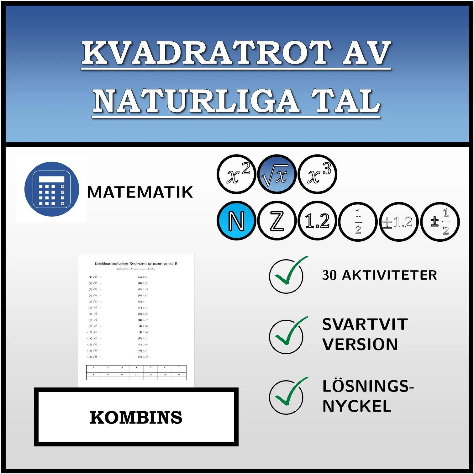 Kombinationsövning: Kvadratrot av naturliga tal