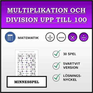 Memoryspel: Multiplikation och division upp till 100