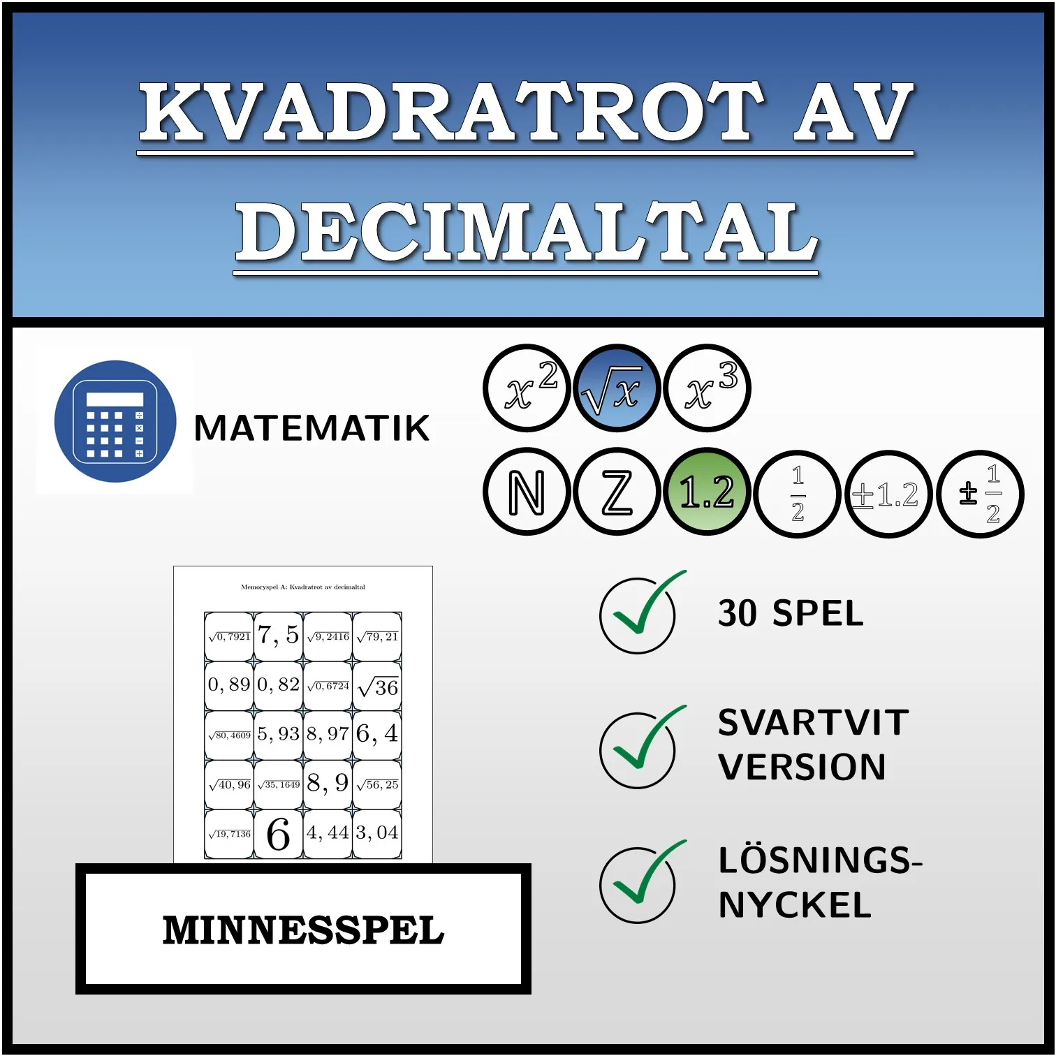 Memoryspel: Kvadratrot av decimaltal