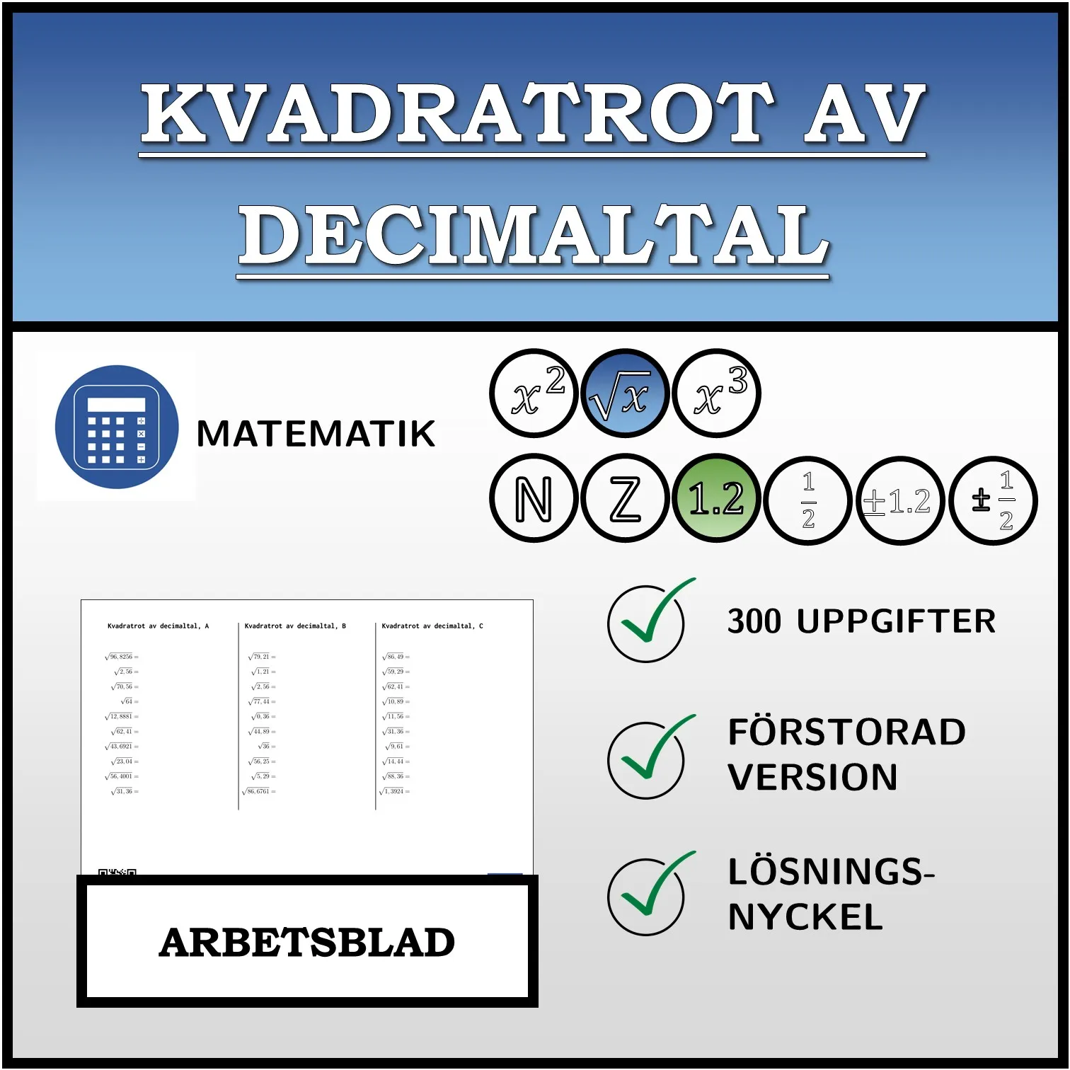 Arbetsblad: Kvadratrot av decimaltal