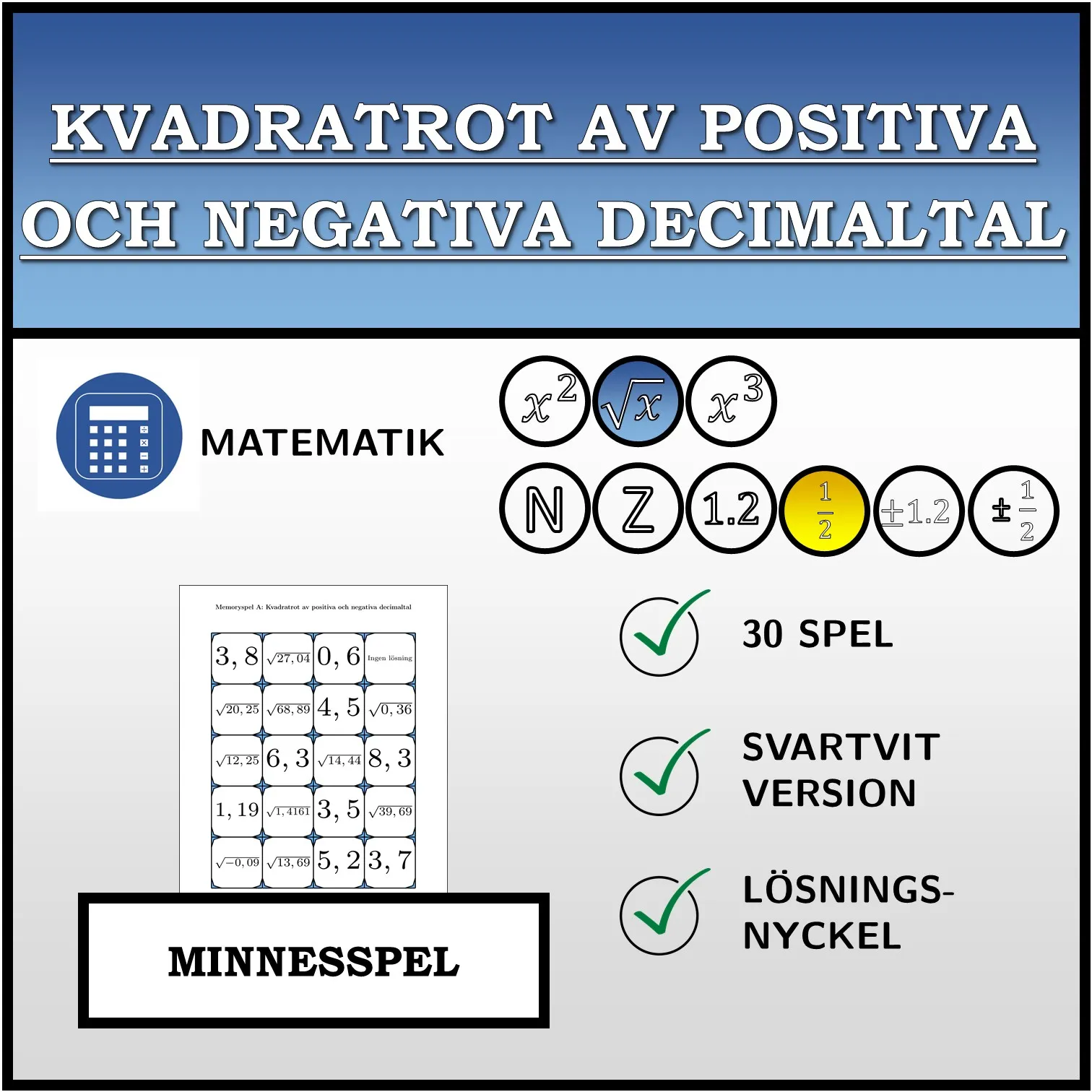Memoryspel: Kvadratrot av positiva och negativa decimaltal