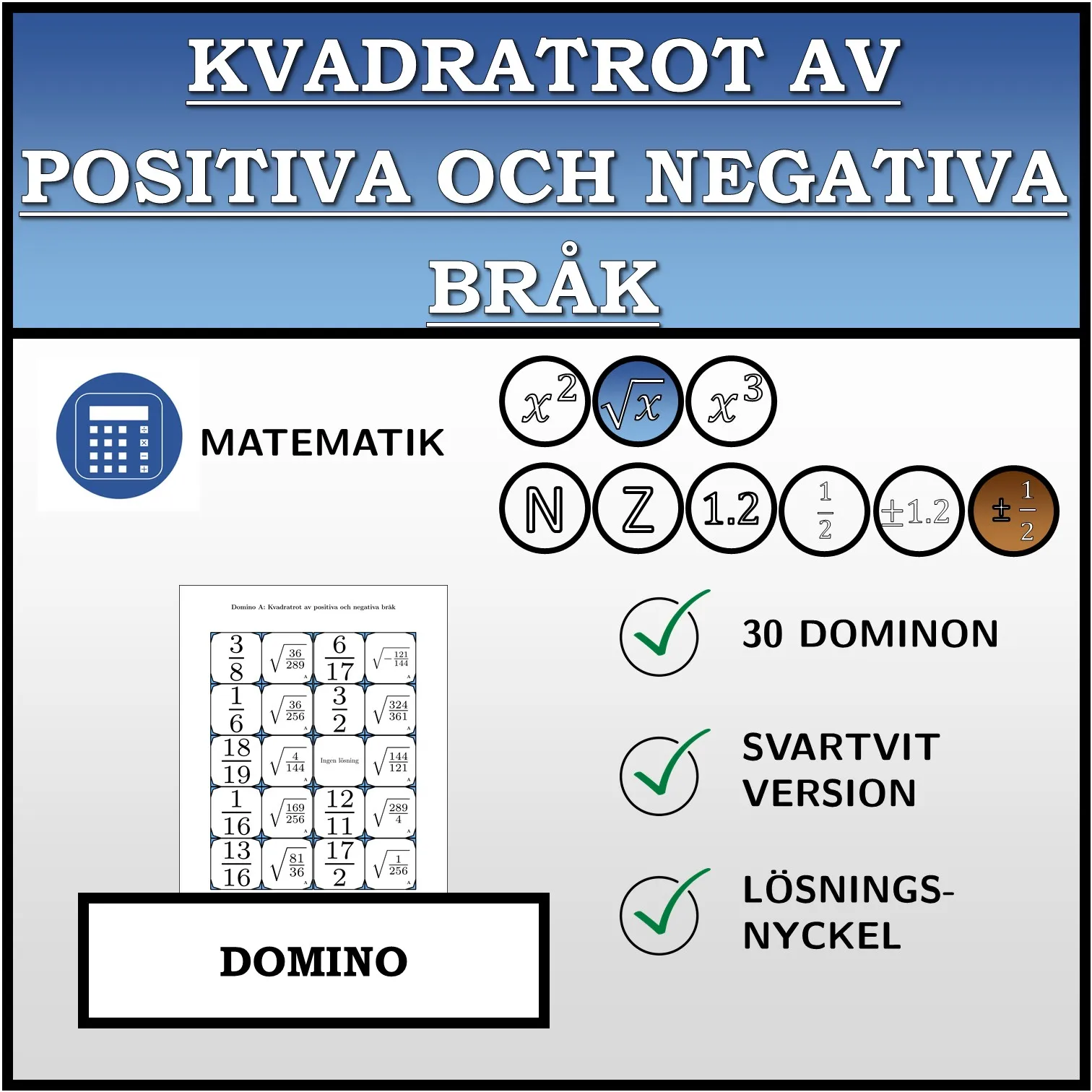 Domino: Kvadratrot av positiva och negativa bråk
