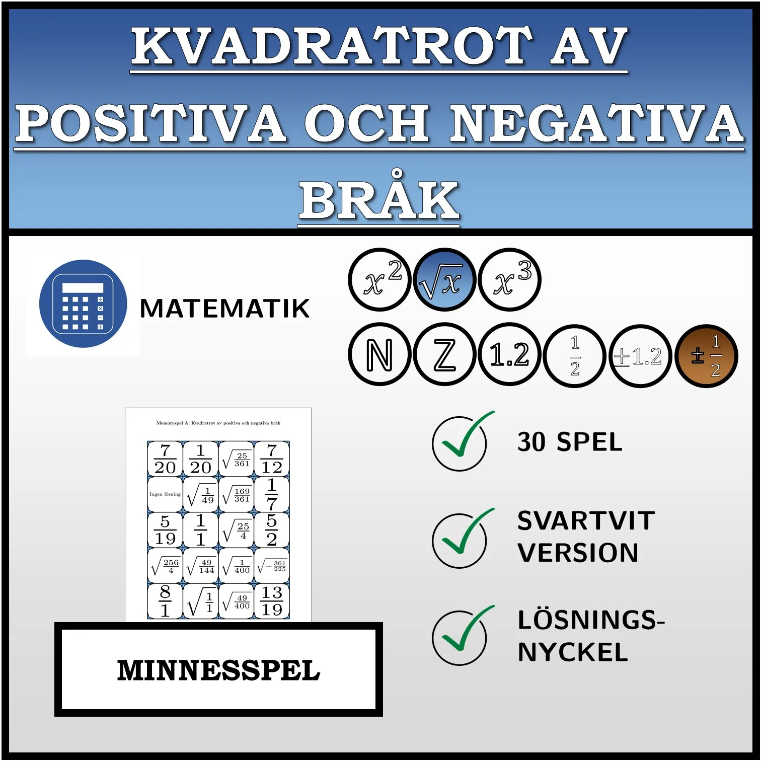 Memoryspel: Kvadratrot av positiva och negativa bråk