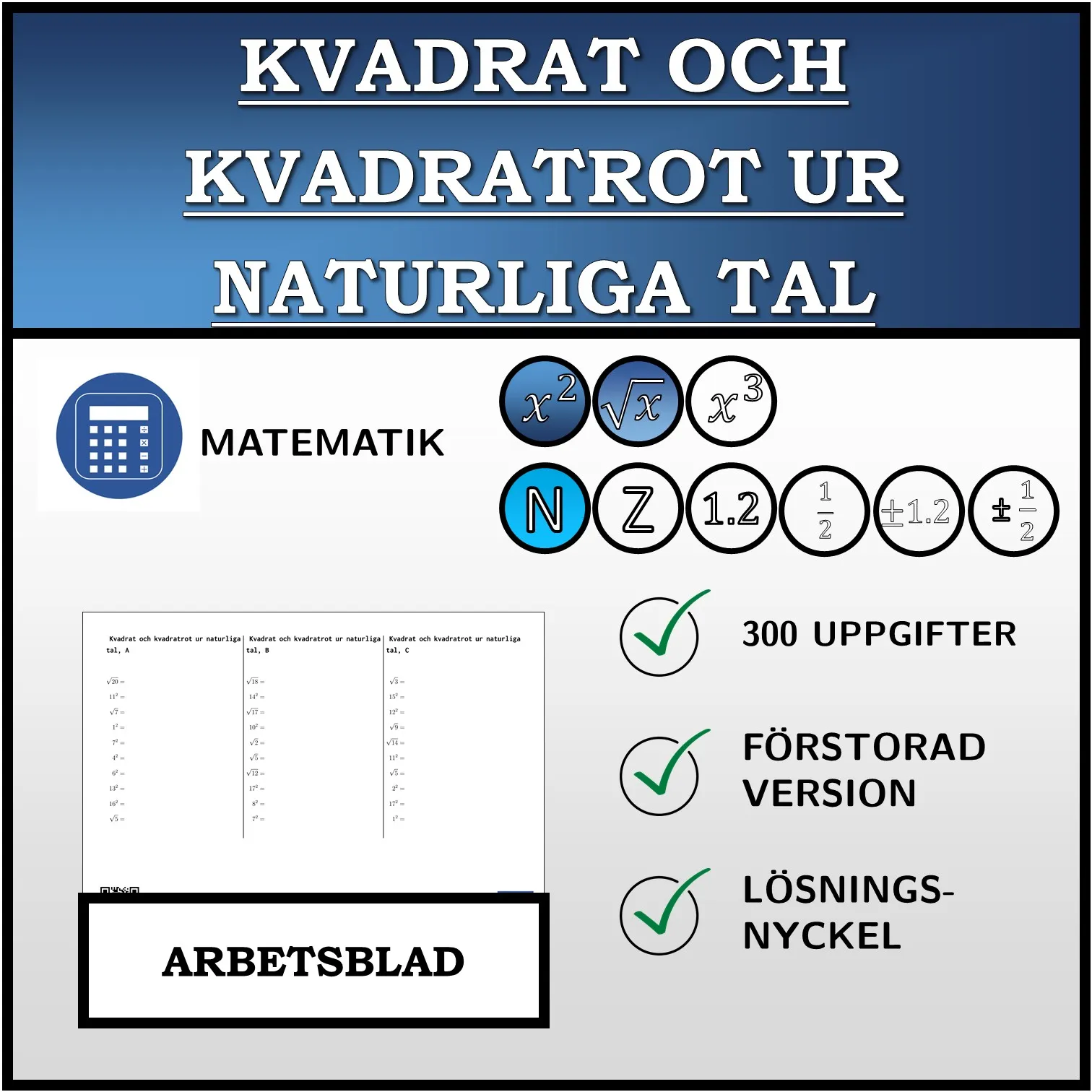 Arbetsblad: Kvadrat och kvadratrot ur naturliga tal