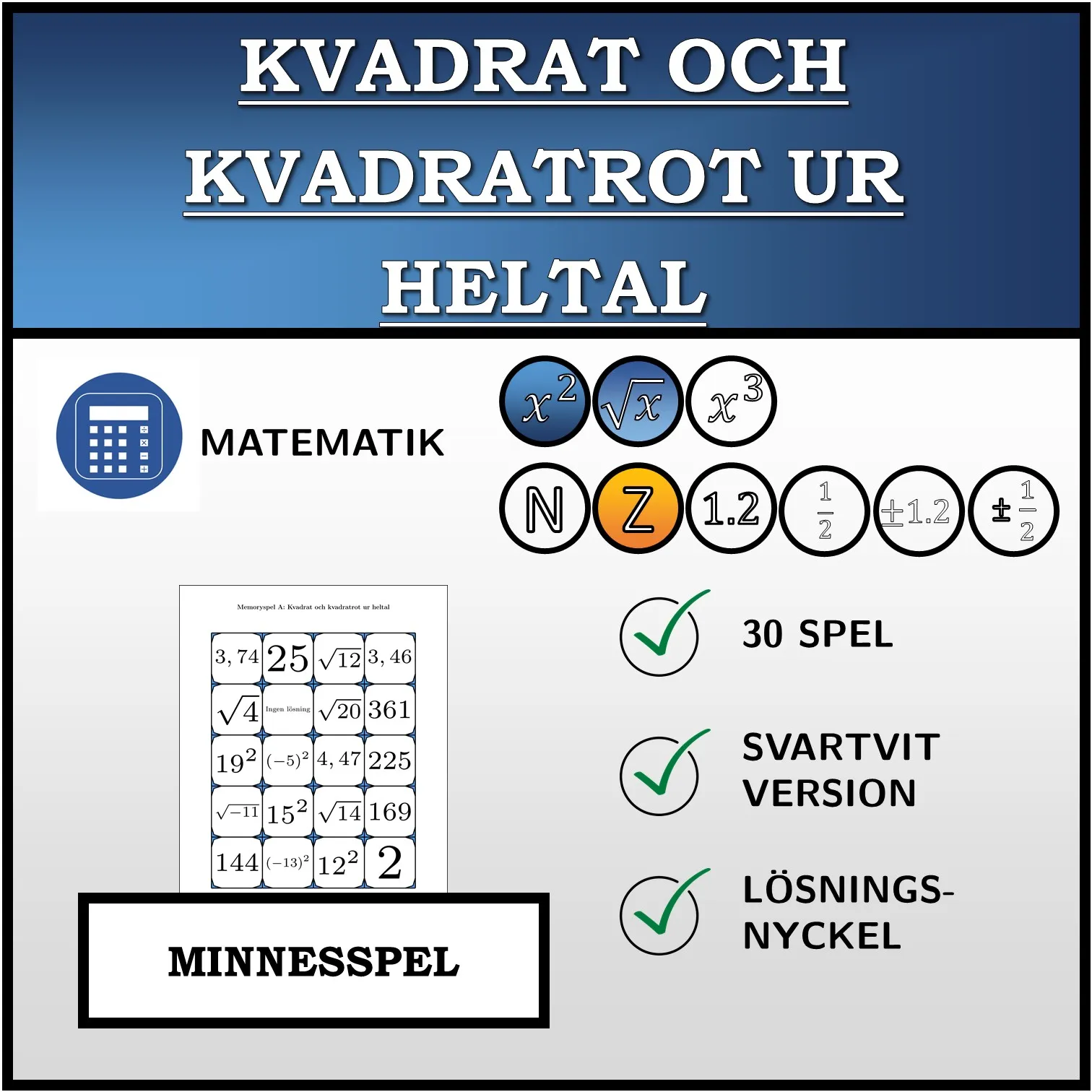 Memoryspel: Kvadrat och kvadratrot ur heltal