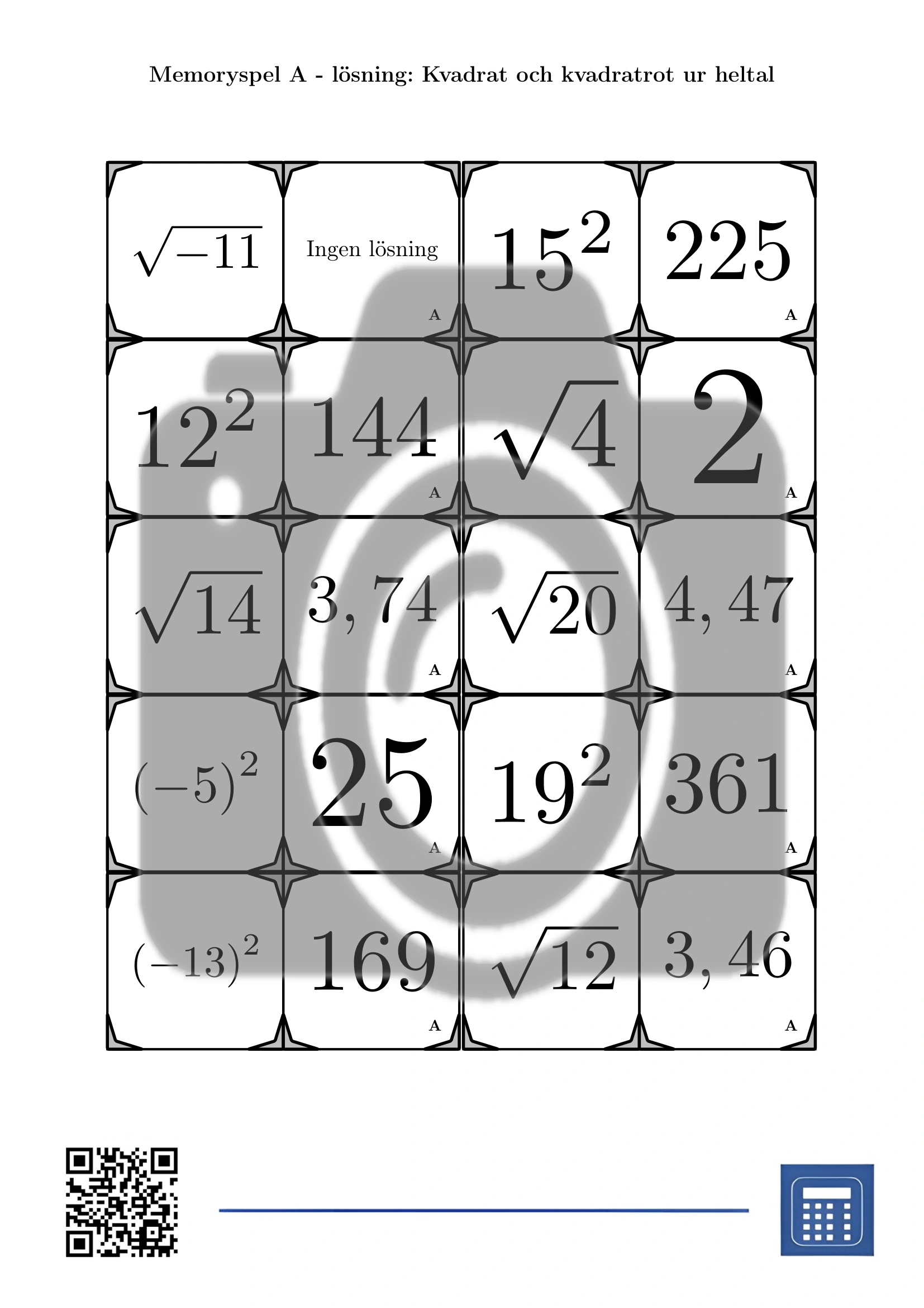Memoryspel: Kvadrat och kvadratrot ur heltal - Bild 4