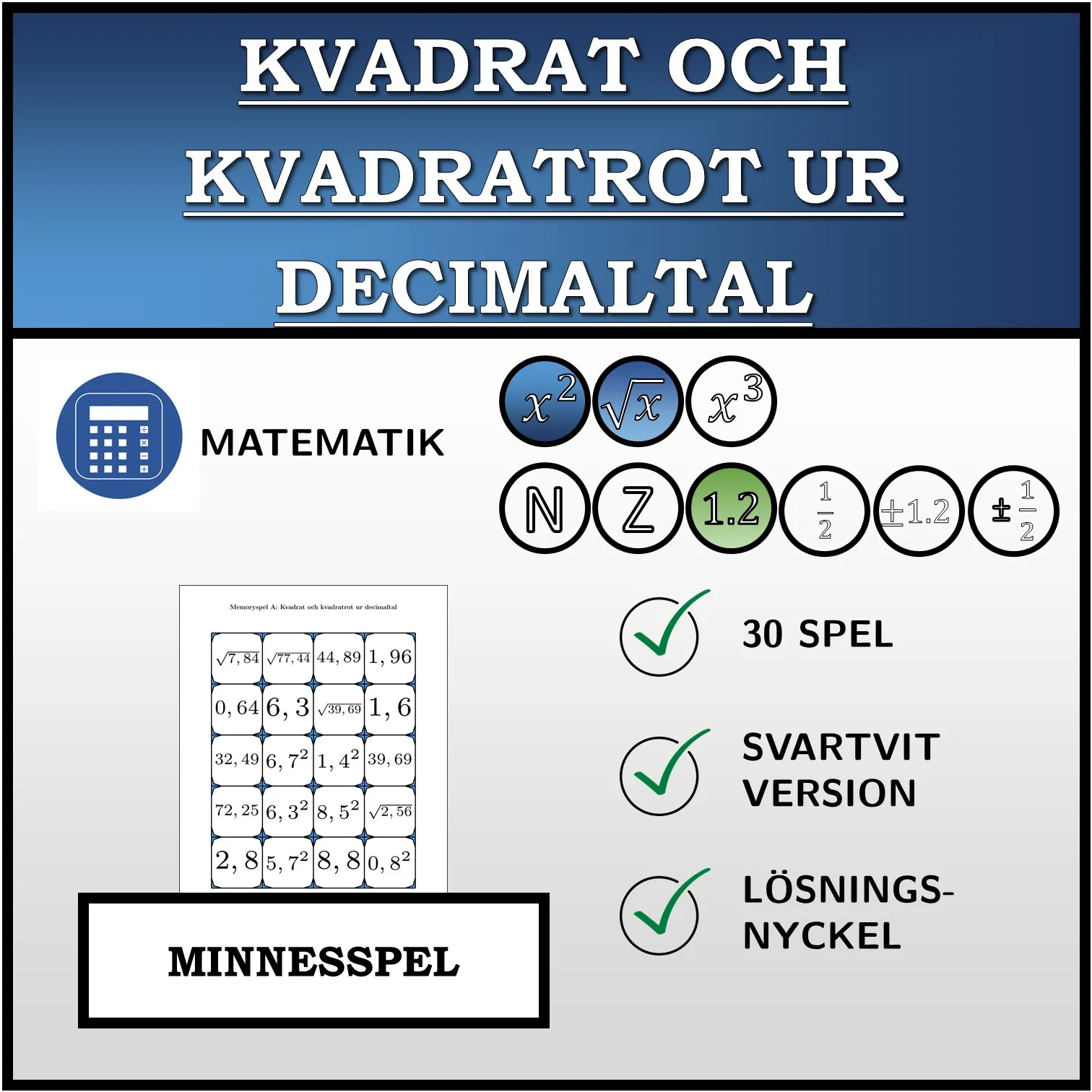 Memoryspel: Kvadrat och kvadratrot ur decimaltal