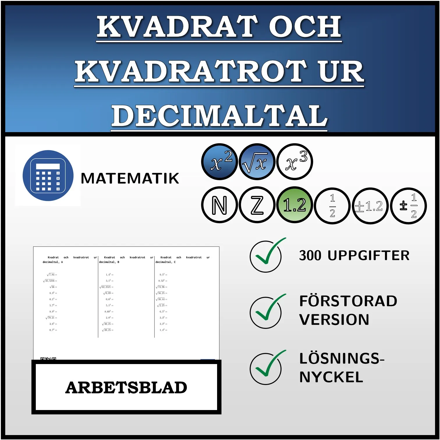 Arbetsblad: Kvadrat och kvadratrot ur decimaltal