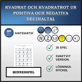 Memoryspel: Kvadrat och kvadratrot ur positiva och negativa decimaltal