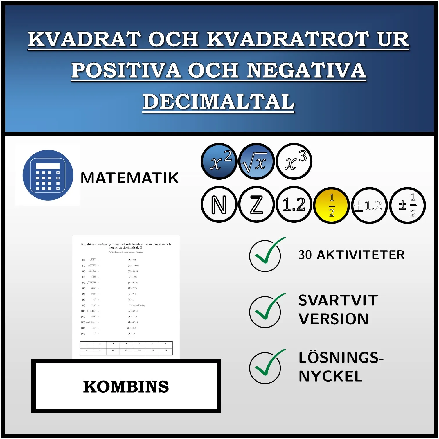 Kombinationsövning: Kvadrat och kvadratrot ur positiva och negativa decimaltal